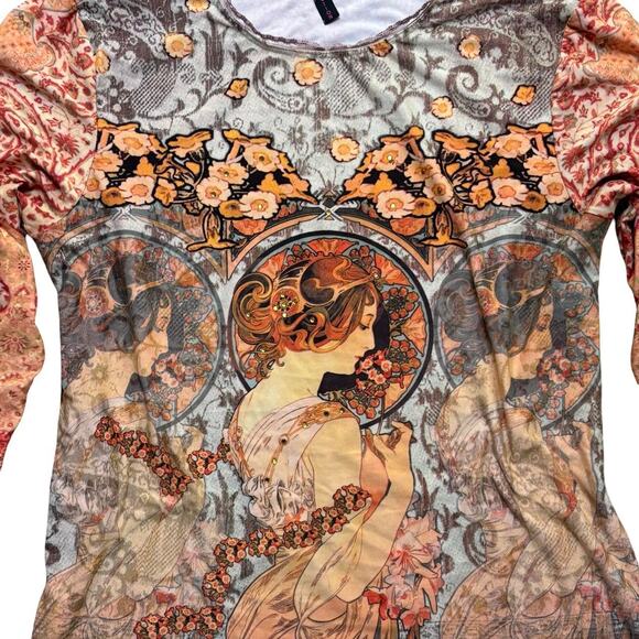 Y2K VTG. MADE IN USA ART NOUVEAU ALL OVER PRINT  NU CONSTRUCTION TOP MEDIUM‎ EUC - Picture 6 of 9